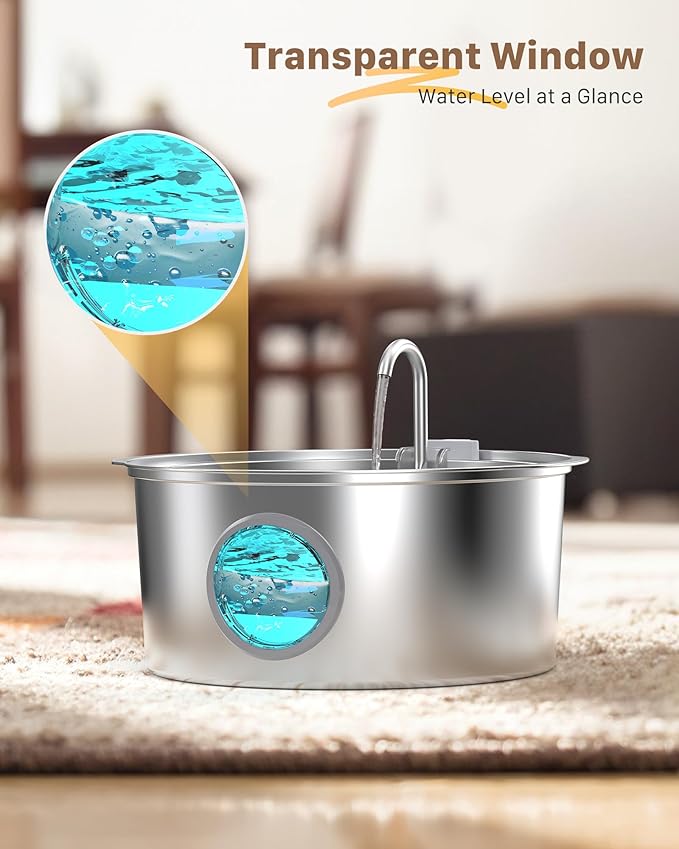 Dog Water Fountain for Large Dogs: Big Cat Water Fountain Stainless Steel -1.8Gal/7L Big Quiet Cats Water Bowl Dispenser- Pet Water Fountains for Dogs - 8 Filters + 8 Sponge Filters - GROOKPET