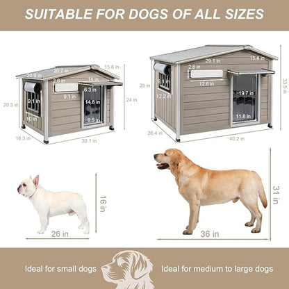 Outdoor Dog House with Reinforced Iron Frame, Wooden Kennel with Weather-Resistant Roof, Removable Floor, Vent Window & Easy Assembly, for Medium & Large Dogs, 40" L x 26" W x 33.5" H