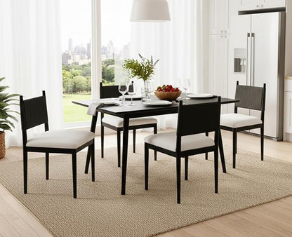CIMOTA Black Dining Chairs Set of 2, Mid Century Modern Upholstered Dining Room Chairs with Woven Back, Armless Kitchen Chairs with Solid Wood Legs,Linen Beige