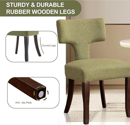 Mid Century Modern Dining Chairs Set of 2, Upholstered Side Dining Chairs with Curved Back Linen Fabric Armless Wood Chairs Kitchen & Dining Room Farmhouse Chairs (Green)