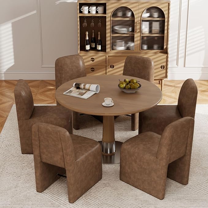Brown Upholstered Leather Dining Chairs Set of 2, Mid Century Modern Dining Room Chairs with Deep Seat & Curved Back, Armless Side Chair Comfy Kitchen Chairs for Living Room/Kitchen