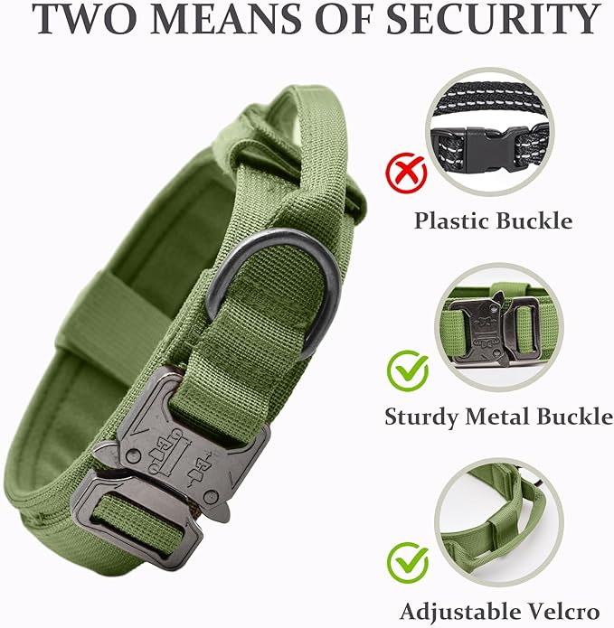 Tactical Dog Collar, Adjustable Military Training Nylon Dog Collar with Control Handle and Heavy Quick-Release Metal Buckle for Small Medium Large Dogs, Green XXL