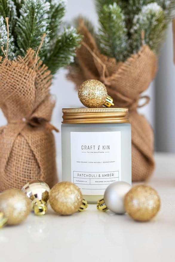 Craft & Kin Patchouli & Amber Christmas Scented Candle | 8 Oz, 45-Hour Long Lasting | Classic Soy with Woodwick Winter Candles | Made with Natural Soy | Holiday Candles Gifts for Men and Women