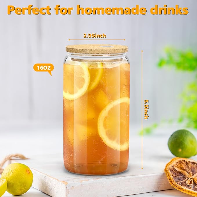 sungwoo 4PCS Glass Cups with Bamboo Lids and Straws, 16OZ Ice Coffee Cup, Drinking Cup set with Wooden Lids, Home Essential Glass Tumblers for Beer, Cocktail, Tea and Latte Clear