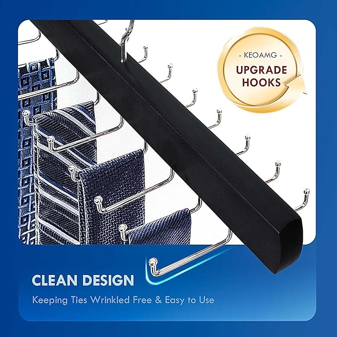 Tie Rack Hanger for Closet, Sleek Tie Hangers for Men with 18 Upgraded Folding Hooks, Space-Saving Tie Holder Neck Tie Organizer for Men Ties, Belts, Bras, Scarves, Tank Tops (Black)