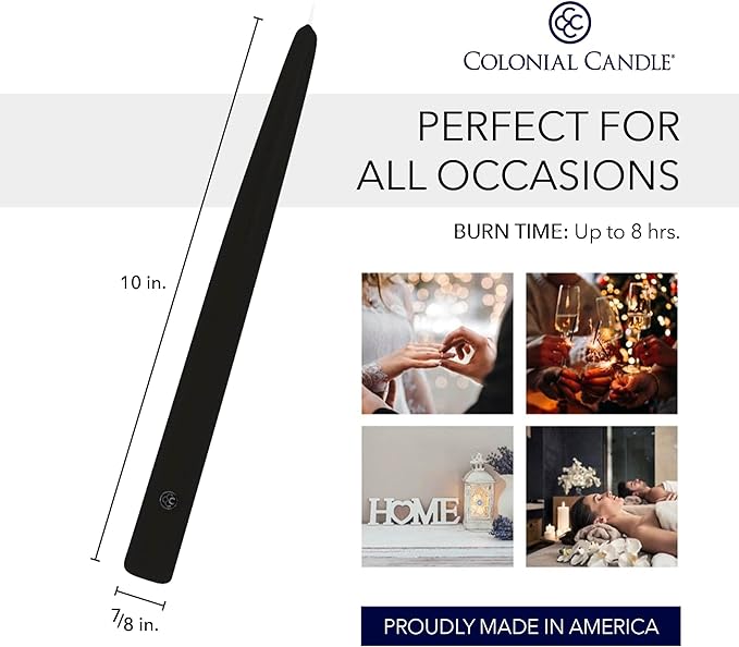 Colonial Candle Unscented Black Taper Candle, 10 inch, Pack of 2 - Up to 8 Hours Burn