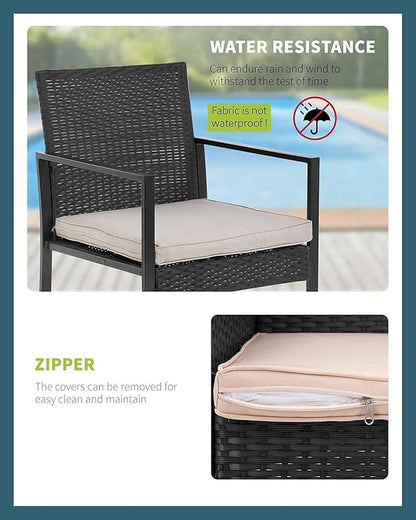 FDW 3 Pieces Outdoor Patio Furniture Wicker Bistro Rattan Chair Conversation Sets for Yard Lawn Balcony Poolside Backyard,Black