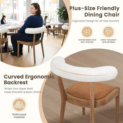 Kmax Dining Room Chairs, Mid-Century Modern Leather Kitchen Chairs with Natural Walnut Finished Frame, Fur White Curved Back, Set of 4, PU Brown