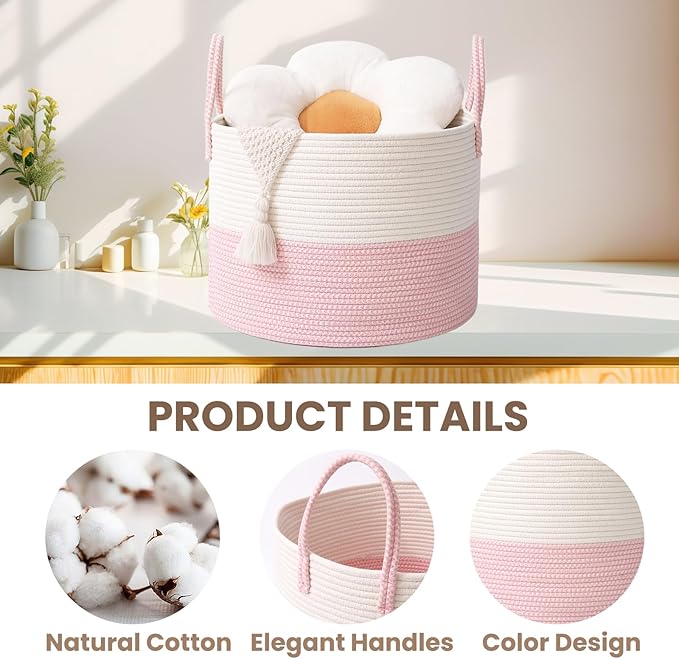 Woven Blanket Basket,65L Large Rope Storage Bin with Handles, Organizer for Blankets Toys Book and Clothes, Laundry Basket for Living Room Bedroom Nursery,White&Pink