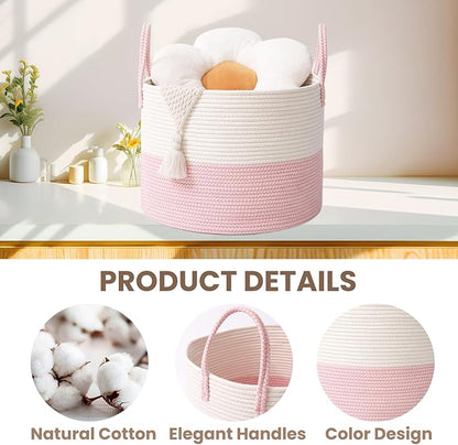 Woven Blanket Basket,65L Large Rope Storage Bin with Handles, Organizer for Blankets Toys Book and Clothes, Laundry Basket for Living Room Bedroom Nursery,White&Pink