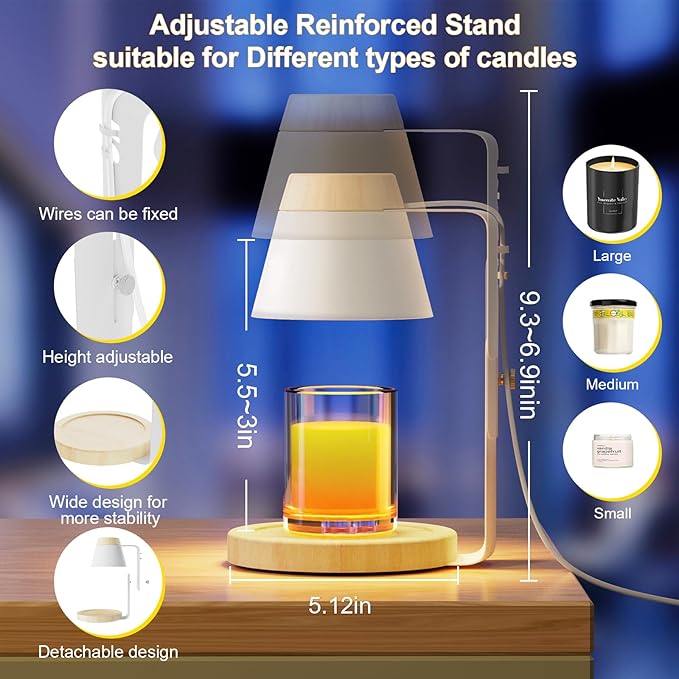 Candle Warmer Lamp with Timer, Stepless Dimmable Candle Lamp Warmer, Electric Candle Warmer Adjustable Height, Wax Warmer for Scented Wax with 2 Bulbs, for Festival&Home Decor (White Mini)
