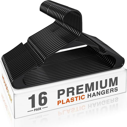 HOUSE DAY Plastic Hangers 16 Pack - Adult Clothes Hangers Black - Space Saving, Non-Slip, Durable & Sturdy Hanger with Shoulder Grooves for Closet, Perfect Slim Coat Hanger - Ganchos para Colgar Ropa