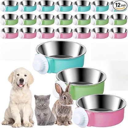 12 Pcs Crate Bowls Bulk Puppy Dog Bowls for Kennel Removable Stainless Steel Crate Water Bowl Kennel Hanging Food Feeders Coop Cup for Cat Puppy Rabbit Birds Ferret Guinea Pigs