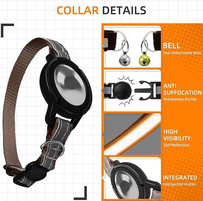 Airtag Cat Collar Breakaway, Odokele Reflective Cats Collars with Apple Air Tag Holder for Kitten, Cat GPS Tracker Adjustable Collars with Safety Quick Release Buckle for Kitties and Puppies - Coffee