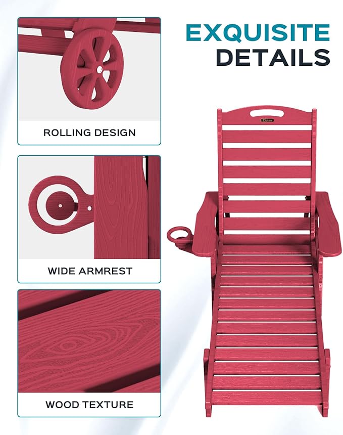 Ciokea Lounge Chair Outdoor, Oversized Chaise Lounge Chair with 5 Positions, HDPE, Patio Lounge Chair with Wheels & Cup Holder for Pool, Deck, Poolside, Red