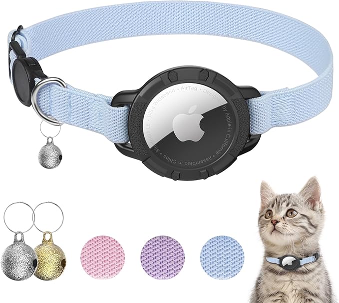 AirTag Cat Collars, Stretchy Collar with Apple AirTag Holder and Bell, Breakaway Ultra Design Elastic GPS Tracking Collars for Cats and Puppies, (7.5-12.5 Inch), Blue