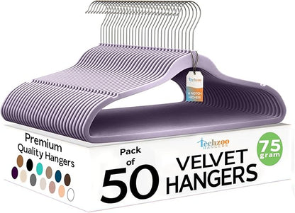 Premium Velvet Hangers 50 Pack Ultra Thin Non Slip Adult Felt Space Saving Suit Hanger for Closet Heavy Duty Coat Pants Jackets Dress Hangers 360° Swivel Hook Hold Upto 10 lbs Purple Hangers