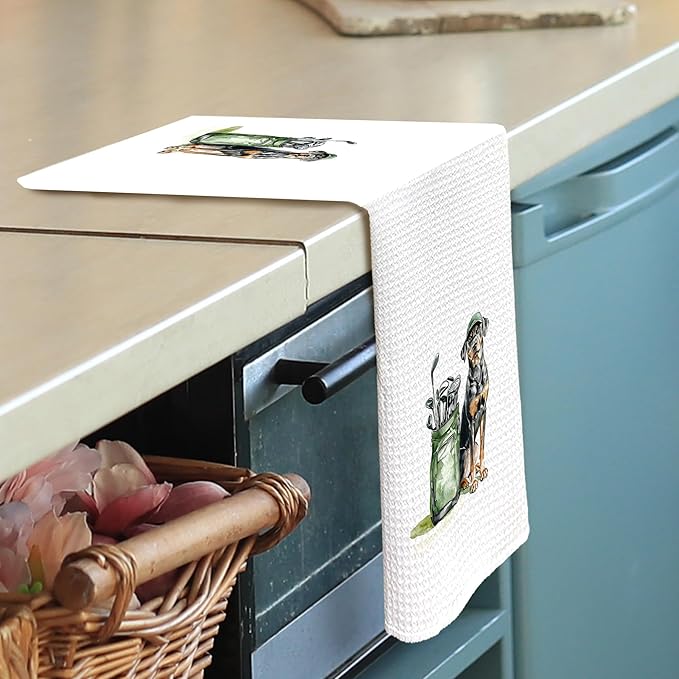 Golf Dog Kitchen Towels - Doberman Pinscher Dish Towels, Sports Gifts, Pet Golf Club Decorative Absorbent Dishcloths Hand Towels for Kitchen Gym Spa Decor 16x24 Inches