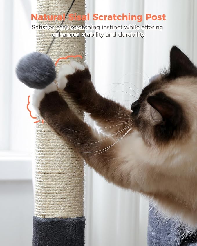 32" Cat Tree Tower for Indoor Cats - 2 Cozy Condos, Multi-Level Cat Scratching Posts with Sisal, Soft Padded Perch, 2 Dangling Toys, Dark Grey