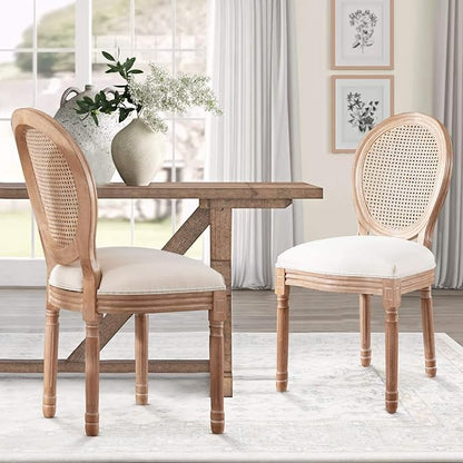 Nrizc Farmhouse Fabric Dining Room Chairs Set of 6, French Chairs with Round Back, Rattan Dining Chair, Oval Side Chair for Dining Room/Kitchen/Restaurant
