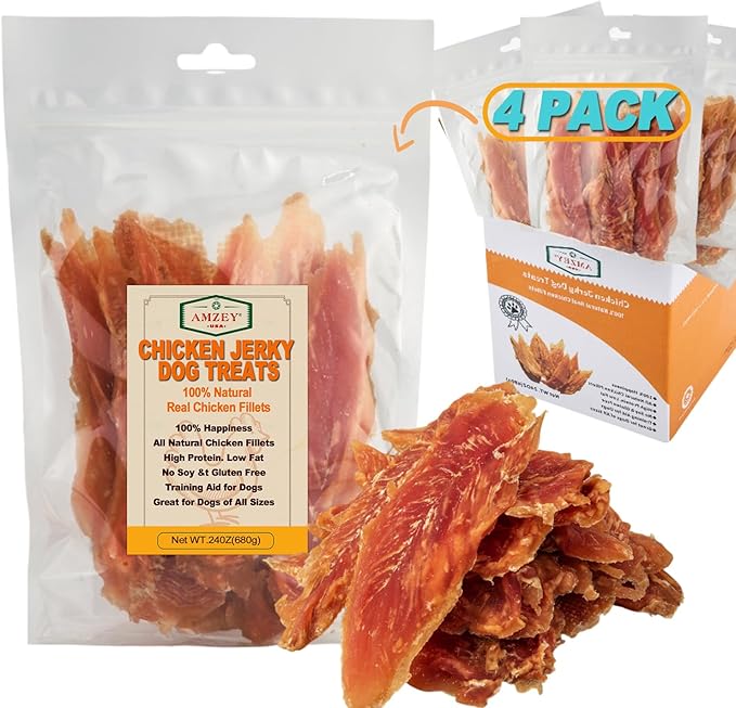 Amzey Chicken Jerky Dog Treats 24 OZ, 4 Resealable Bags, Real Chicken, Grain Free High Protein, Dental Health Support Dog Snacks, for Large & Small Dogs, Canine Chews