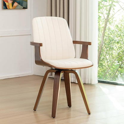 Set of 1 Swivel Dining Chair, Mid Century Modern Dining Chair with Walnut Craftsmanship, Upholstered Faux Leather, Wooden Arms and Legs, Kitchen Chair with Arms for Kitchen/Living Room - Beige
