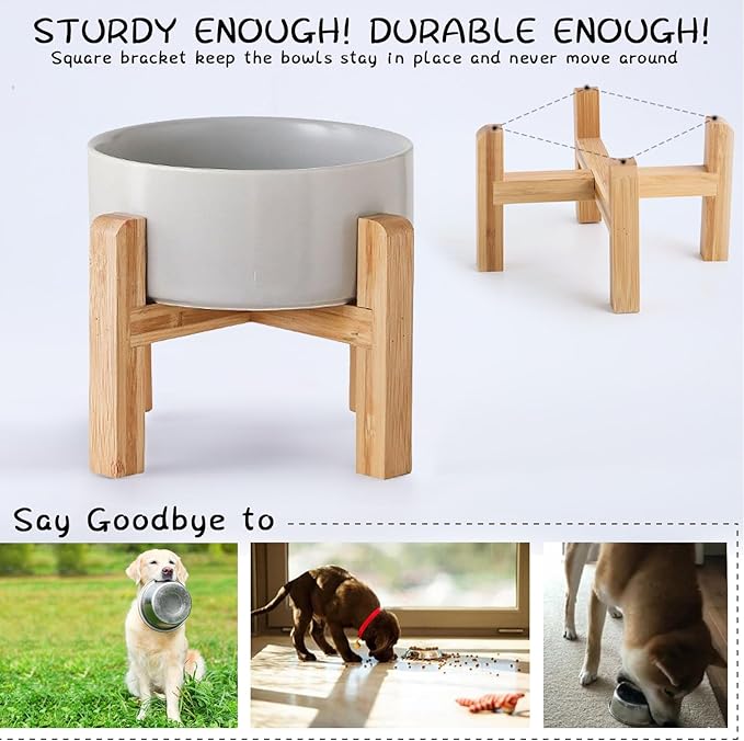 Petygooing Grey Elevated/Raised Ceramic Dog Bowl for Small Breeds, Dog Food Water Dish with Stand,Pet Feeding Bowl with Anti Slip Rubber for Cats and Small Dogs Puppy 13.5 OZ (5.1In / 1.7 Cups)