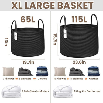 Woven Blanket Basket,115L Large Rope Storage Bin with Handles, Organizer for Blankets Toys Book and Clothes, Laundry Basket for Living Room Bedroom Nursery,Black