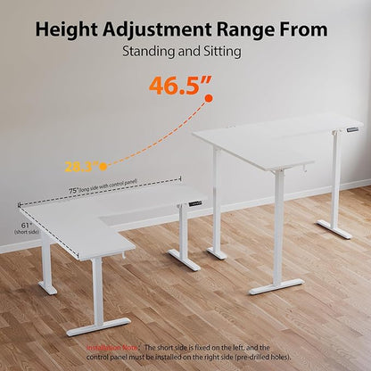 Agilestic L-Shaped Standing Desk Adjustable Height, Electric Corner Standing Desk, Sit Stand Up, 75x61 inch Sit Stand Computer Table, White