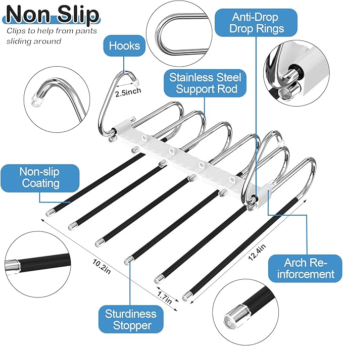 Upgrade 6 Layers Pants Hangers Space Saving, 2 Pack Non Slip Stainless Steel Multifunctional Pants Rack S-Type Pant Closet Hanger Organizer with Hooks for Pants Leggings Trousers, Antiquewhite