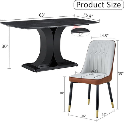 Modern Dining Table Set for 6, Marble Kitchen Table Chair Set for 6, Rectangular Kitchen Table with 6 Pu Leather Upholstered Chair for Dining Room