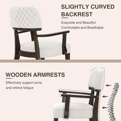 Modern Wood Dining Chairs with Arms Set of 2, Velvet Upholstered Kitchen Chairs with Open Curved Backrest & Black Hardwood Legs, Accent Chairs 350 LBS Capacity, White