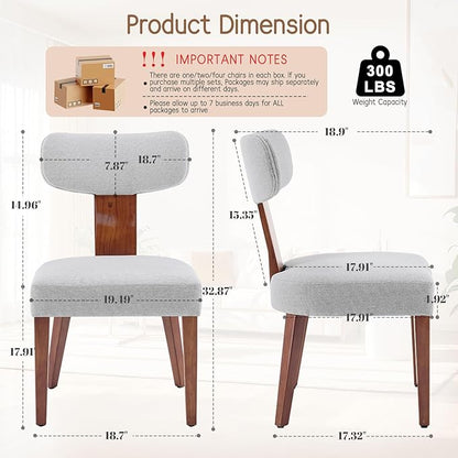 Dining Chairs Set of 5, Mid-Century Modern Upholstered Kitchen Chairs with Curved Backrest and Linen Fabric Seat, Wood Leg Accent Chairs for Dining Room, Living Room, Bedroom, Grey