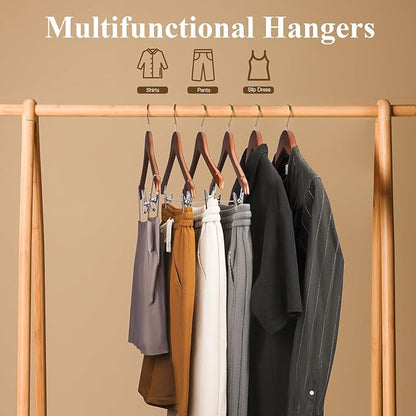 Wooden Pants Hangers 12 Pack With Clips - Adjustable Heavy Duty for Skirts, Jeans, Slacks, Shorts (Walnut)