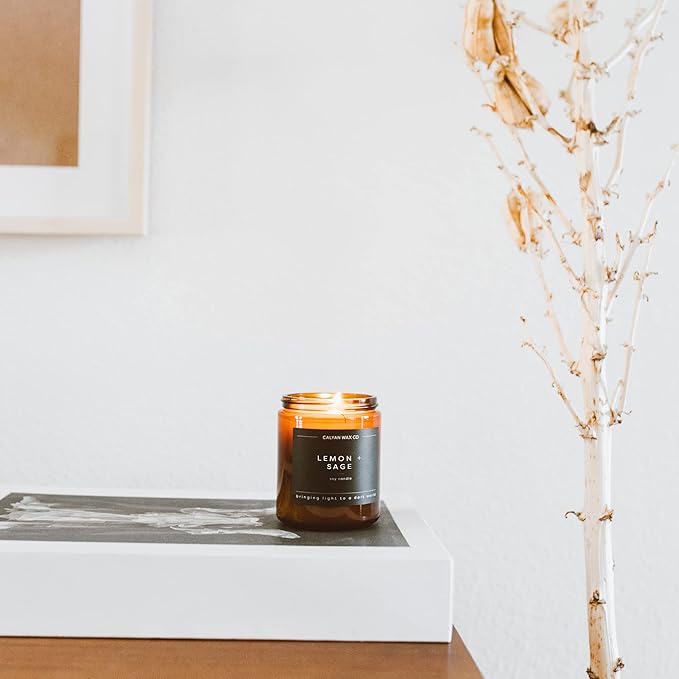 Calyan Wax Co. Lemon & Sage Scented Candle - 57 Hour Burn - Luxury Non Toxic Soy Wax Candles - Long Lasting Amber Glass Jar Candle for Home - 7.2oz