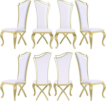 White and Gold Dining Chairs Set of 8, White PU Leather Dining Room Chair with Gold Polished Metal Legs, Glam Upholstered Kitchen Chairs for Dining Room, Kitchen, Living Room