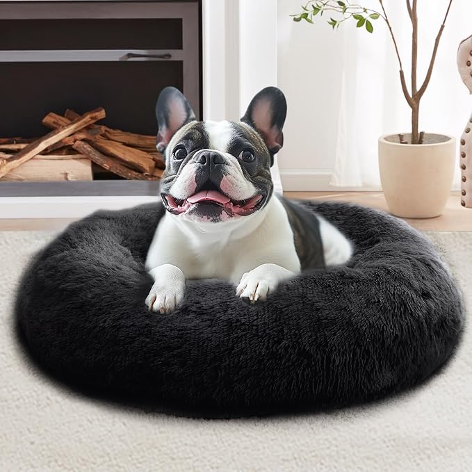 JOLLYVOGUE Calming Dog Bed for Small Dogs - 23 inches Donut Washable Small Dog Bed for Kittens & Puppies, Anti-Slip Round Fluffy Plush Faux Fur Cat Beds (Fits up to 25 lbs Pets, Black)