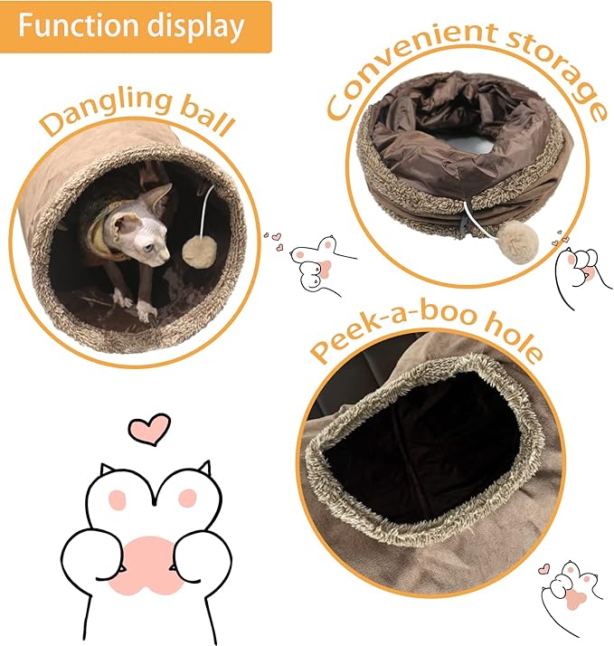Cat Tunnel for Indoor Cats, 51×12 inch Foldable Big Cat Tunnel, Brown Suede Pet Tunnels with Two Peepholes and a Bubble Ball