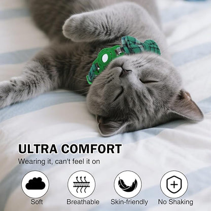Airtag Cat Collar Breakaway with Bells and Bowtie -Upgraded Safety Kitten Collar for Air Tag Holder -Cute GPS Cat Tracker Collars for Girl Boy Cats, Kitty and Puppies, Green