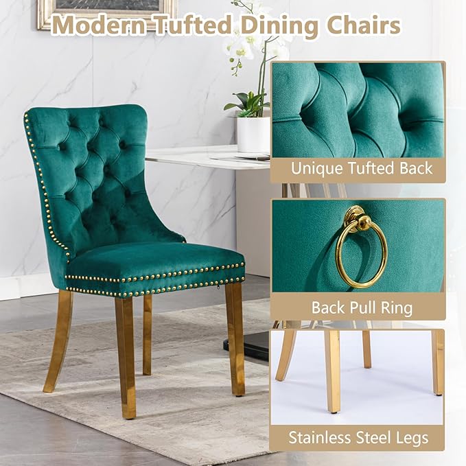 Goujxcy 5 Piece Glass Dining Table Set Modern Glass Dining Table Set for 4, 51" Rectangular Kitchen Table and 4 Velvet Upholstered Chairs for Kitchen Dining Room, Gold Table & Green Chair