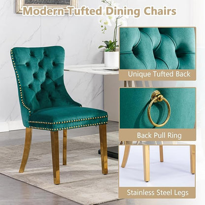 Goujxcy 5 Piece Round Glass Dining Table Set for 4, 47" Round Dining Table & Chair Set Modern Circle Glass Kitchen Table and 4 Velvet Upholstered Chairs for Kitchen Dining (Gold Table & Green Chair)