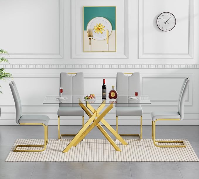 Goujxcy Gold Dining Table Set for 4, Glass Kitchen Table with Chair Set, Modern 51" Rectangle Glass Dining Table and 4 Grey PU Leather Chairs with Metal Frame for Kitchen Dining Room