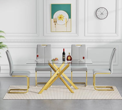 Goujxcy Gold Dining Table Set for 4, Glass Kitchen Table with Chair Set, Modern 51" Rectangle Glass Dining Table and 4 Grey PU Leather Chairs with Metal Frame for Kitchen Dining Room
