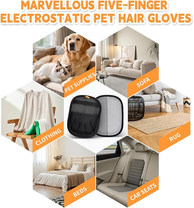 Pet Hair Removal Glove for Dogs & Cats,Upgraded Thickened Magic Brush Pet Hair Remover | Five-Finger | Electrostatic Pet Hair Gloves for Couch, Carpet, Cars Seat, Clothes
