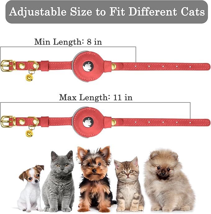 OOPSDOGGY Reflective Leather AirTag Cat Collar with Bell - Non Breakaway Adjustable Pet Collar with Apple Air Tag Holder - Lightweight GPS Kitten Collars for Small Dogs Puppy (Pink)