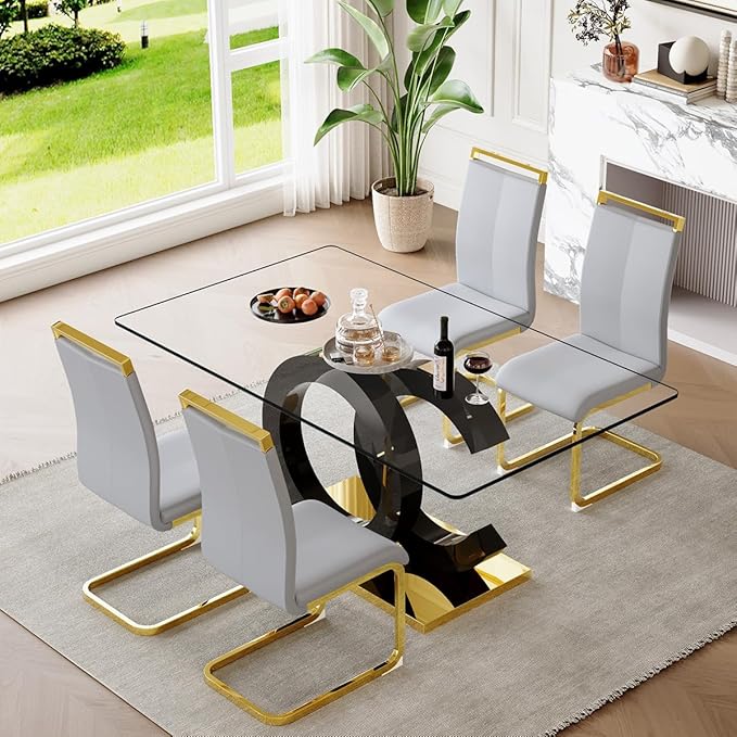 63'' Glass Dining Table Set for 4, Kitchen Table Chairs Set of 4, Clear Glass Dining Table with Black unique design Leg and Gold Metal Base, 4 PU Dining Chairs with Metal Legs, Living Room, Kitchen.