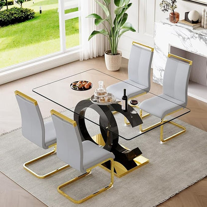 63'' Glass Dining Table Set for 4, Kitchen Table Chairs Set of 4, Clear Glass Dining Table with Black unique design Leg and Gold Metal Base, 4 PU Dining Chairs with Metal Legs, Living Room, Kitchen.