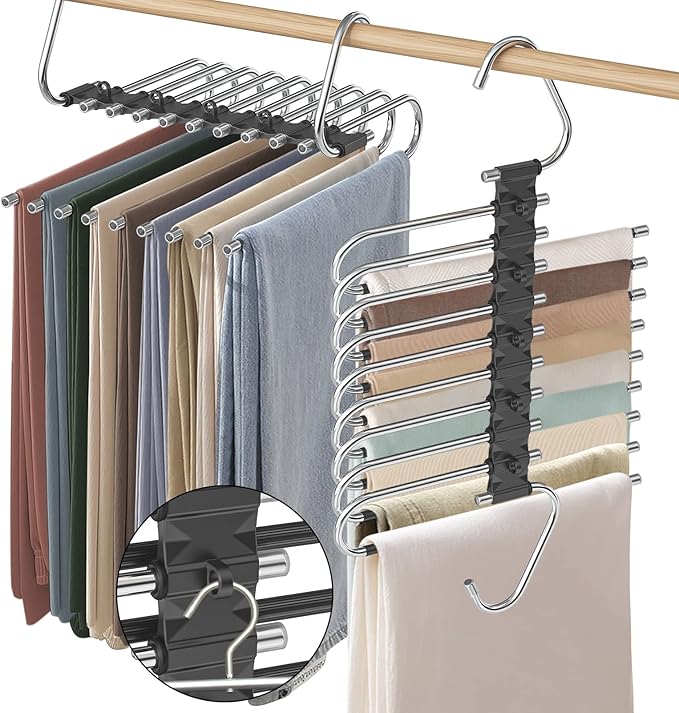 Upgrade 9 Layers Pants Hangers Space Saving, 2 Pack Non Slip Stainless Steel Multifunctional Pants Rack Closet Pant Hanger Organizer with Hooks for Pants Jeans Trousers Dorm Room Essentials, Black