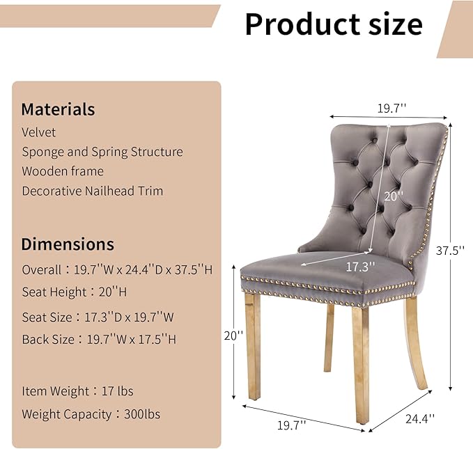 Luxury Upholstered Dining Chairs Set of 6, Grey Kitchen Chair with Golden Metal Legs, Velvet Tufted Back Dining Chair, Sillas de Comedor, Modern Kitchen & Dining Room Chairs (Gray, 6 Pcs)