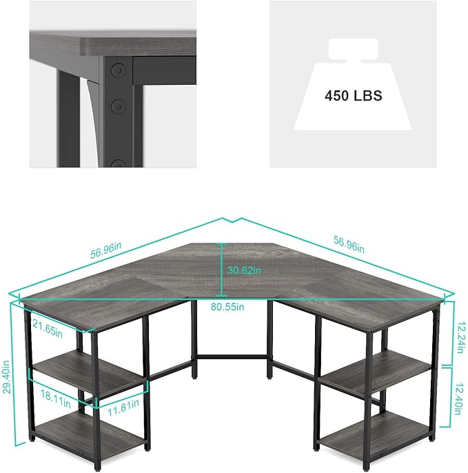 Elephance Large L-Shaped Computer Desk with Shelves, Corner Desk, Home Office Writing Workstation, Gaming Desk PC Latop Table with Storage